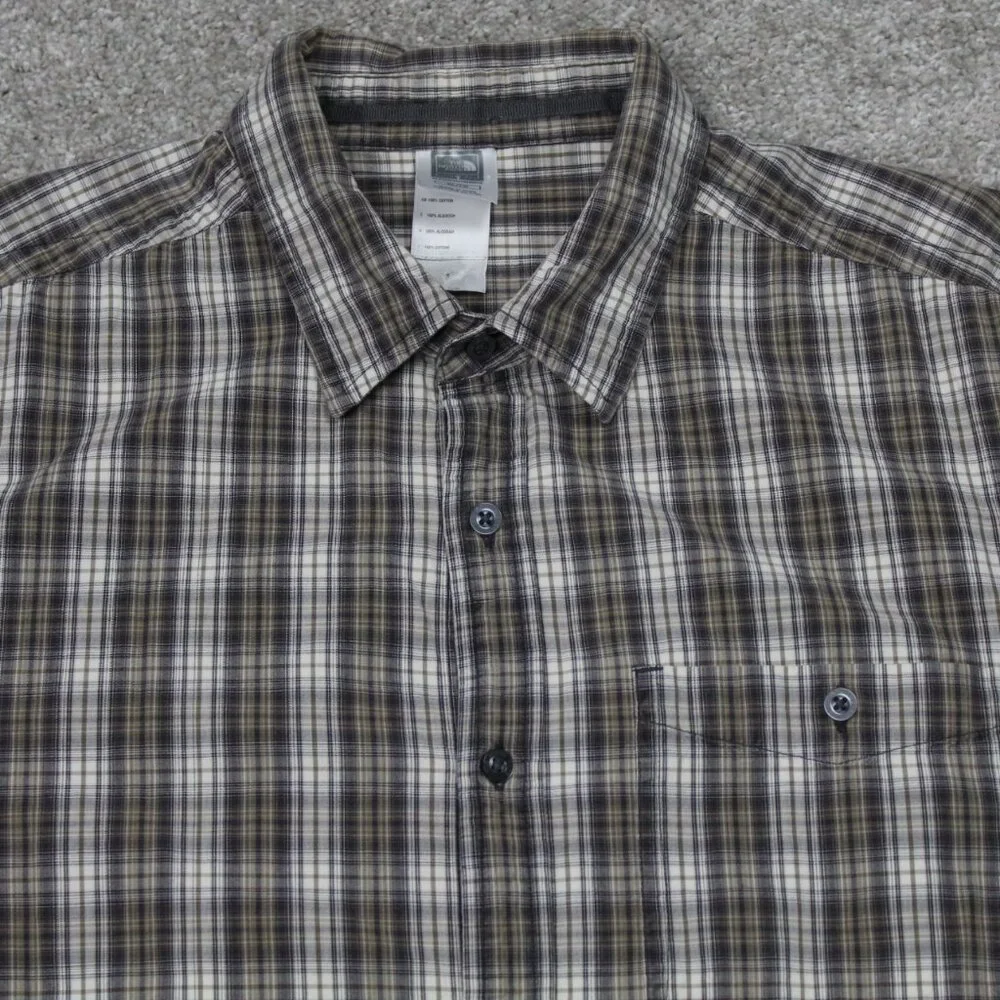 The North Face Shirt Men XL Brown/White Plaid 100% Cotton Short Sleeve Button Up